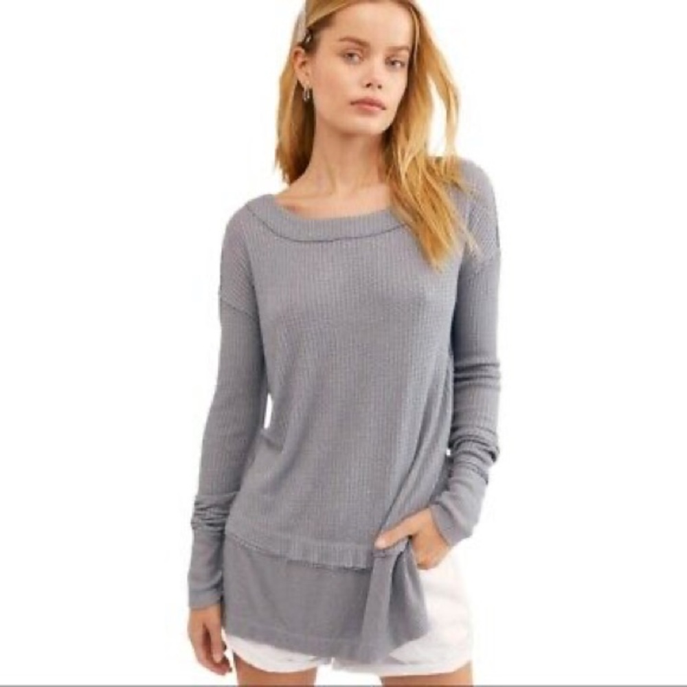 WE THE FREE PEOPLE North Shore Storm Grey Waffle Thermal Tunic Lounge Top XS